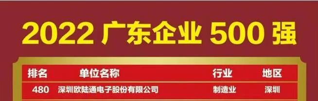 喜訊！歐陸通再次上榜廣東企業(yè)500強